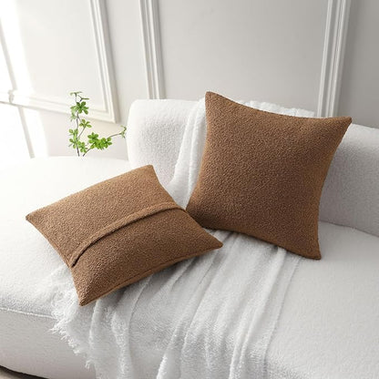 FUTEI Pack of 2 Tobacco Decorative Throw Pillow Covers 16x16 Inch Soft Cozy Solid Boucle Textured Cushion Case,Modern Home Decor for Couch Bed Living Room