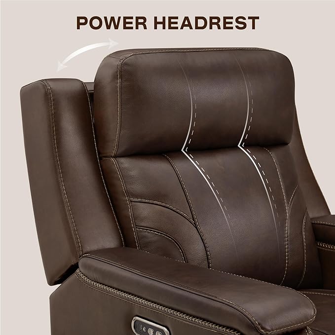 Watson & Whitely Genuine Leather Electric Recliner Chairs for Adults, Lay Flat Recliner with Power Headrest & Chargers for Living Room, Dark Brown