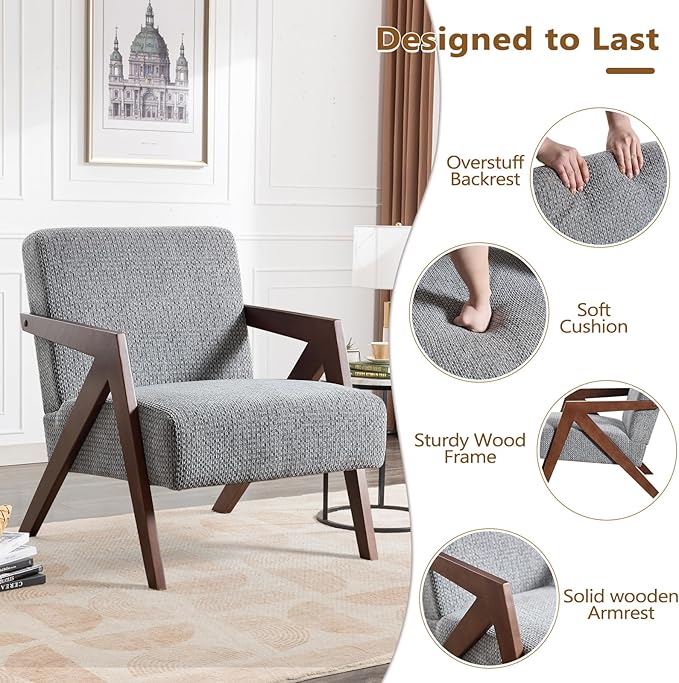 Bonzy Home Mid-Century Modern Accent Chair with Solid Wood Frame, Upholstered Armchair for Bedroom & Living Room,Reading Side Chair with Soft Lien Fabric Cushion,Easy Assembly,Light Grey