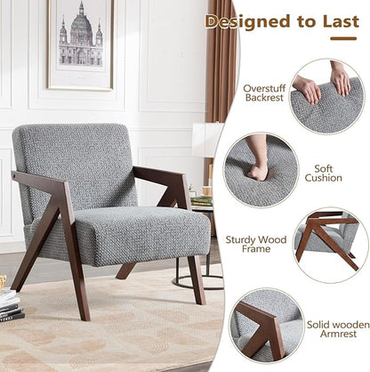 Bonzy Home Mid-Century Modern Accent Chair with Solid Wood Frame, Upholstered Armchair for Bedroom & Living Room,Reading Side Chair with Soft Lien Fabric Cushion,Easy Assembly,Light Grey