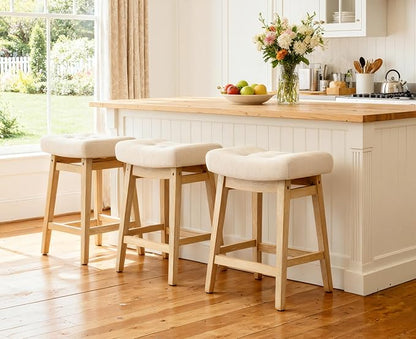 Bar Stools Set of 2 for Kitchen Counter Island Counter Height Farmhouse Modern Barstools with Upholstered Fabric Backless Seat and Solid Wood Legs 24 inch Bar Chairs, Khaki + Wood Color