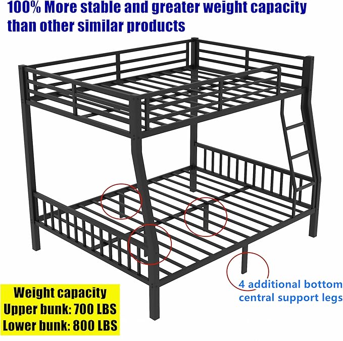 Higher Quality & Stronger Metal Full XL Over Queen Bunk Bed, Thickened Heavy Duty More Stable Safer Black Steel Bunkbed Bunk Queen Bed (Easier to Assemble) (Full XL Over Queen)