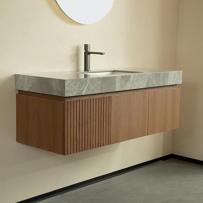 48 Inch Floating Bathroom Vanity with Sink Espresso, Wall-Mounted Farmhouse Bathroom Vanity with Drawer and Doors, Light Gray Sintered Stone Countertop and Ceramic Basin, Pre-Assembled