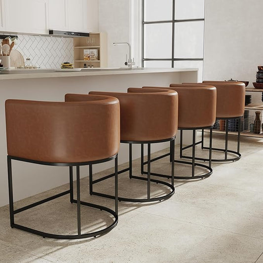 PU Leather Bar Stools Set of 4, Modern Upholstered Counter Height Bar stools 24" Leather Barstools Barrel Kitchen Counter Island Stools with Black Metal Base, Brown