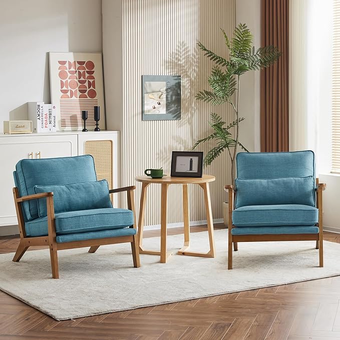 Karl home Accent Chair Wide Armrest Mid-Century Lounge Chair Linen Fabric Armchair with Lumbar Pillow & Solid Wood Frame for Living Room, Bedroom, Balcony, Cyan-Blue