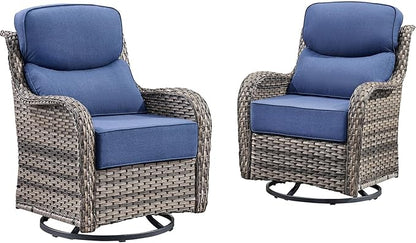Rilyson Patio Outdoor Swivel Rocker Chairs Set of 2, Waterproof Wicker, High Back, Deep Seating, Wide Armrest, Upgraded 6 inch Thick Cushions, Ideal for Deck Porch Backyard, Mixed Grey/Blue