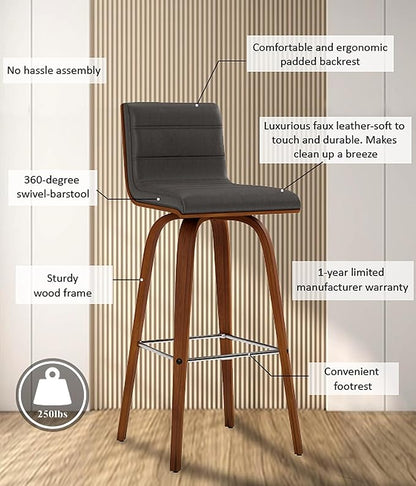 Vienna 30" Swivel Bar Stool in Walnut Wood Finish with Gray Faux Leather - Set of 2