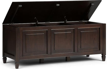SIMPLIHOME Connaught Storage Bench - 51 inch Wide Solid Wood Trunk Bench in Dark Chestnut Brown, Traditional Bench for Entryway with Lift-Up Lid and 3 Hidden Compartments