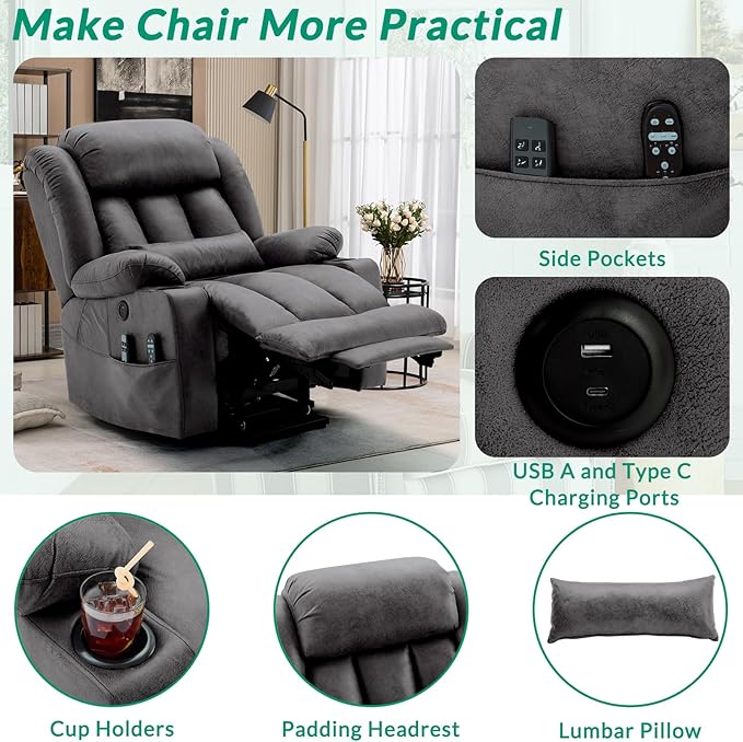 VIVIJASON Tall Man Dual Motor Power Lift Recliner Chair with Extended Footrest, Oversized Lay Flat Sleeper Electric Recliner W/Heat & Massage, Lumbar Pillow, USB & Type-C Ports, Infinite Position
