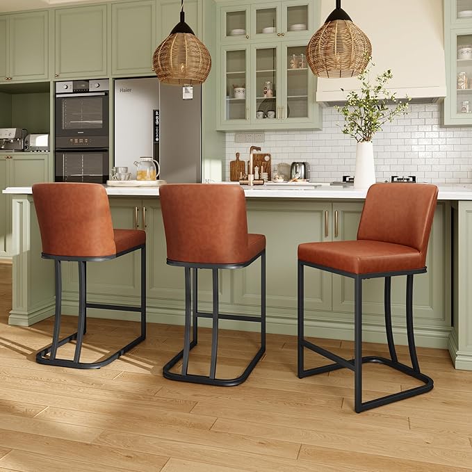 MAISON ARTS Counter Height Bar Stools with Back Set of 4 for Kitchen Counter, 24 Inch Modern Upholstered Faux Leather Barstools Farmhouse Bar Chairs Luxury Island Stools Support 330LBS, Brown