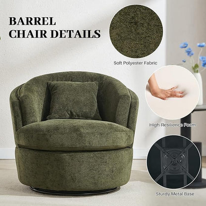Swivel Accent Chair, 360 Degree Round Swivel Barrel Chair with Pillow, Widened Upholstered Comfy Barrel Armchair for Living Room Bedroom Reading Room, Green