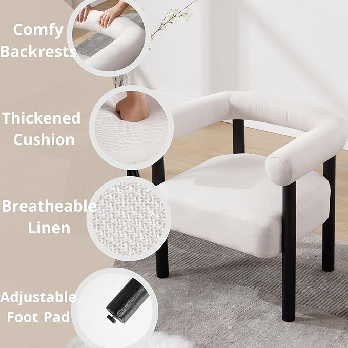 Barrel Accent Chair, Linen Upholstered Armchair, Mid-Century Modern Accent Chair with Curved Backrest and Wood Legs for Living Room, Bedroom, Office, Beige