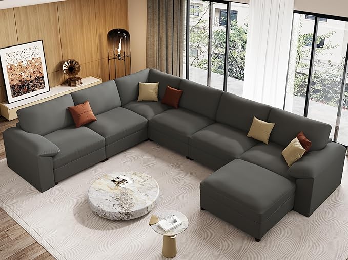 EASE MOOSE Large Faux Leather Sectional with Ottoman, Oversized Modular Couch, Modular Sectional Sofa with Deep Seat, Scratch Resistant Faux Leather Material, U Shaped Couch for Big Spaces, Grey