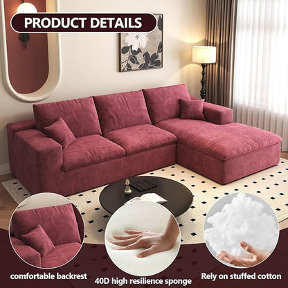 107'' L-Shaped Modern Modular Sectional Cloud Couch, 4-Seat Chenille Deep-Seat Sofa with Pillow for Living Room, Bedroom, Apartment, Wine Red