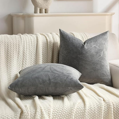 FUTEI Dark Grey Velvet Throw Pillow Covers 26x26 Inch Set of 2,Soft Embossed Leaf-Relief Textured Euro Pillow Shams,Natural Home Decor for Couch Living Room
