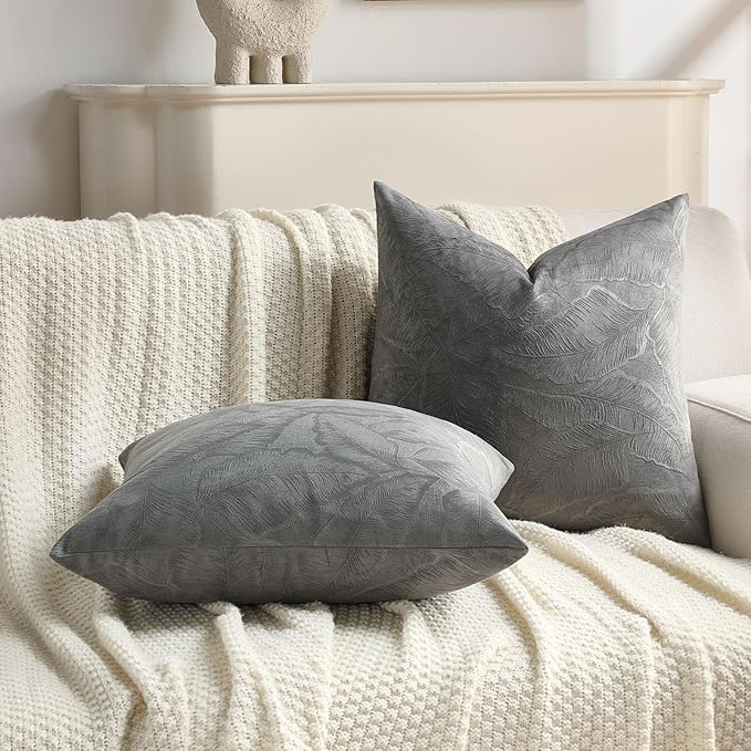 FUTEI Dark Grey Velvet Throw Pillow Covers 20x20 Inch Set of 2,Soft Embossed Leaf-Relief Textured Cushion Cases,Natural Home Decor for Couch Living Room