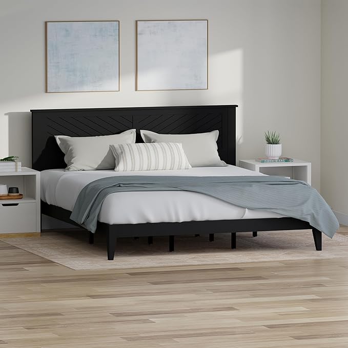 Serene Farmhouse Style Wood Bed in King Size with Chevron Scoring Headboard, Coastal Modern Design, Sturdy, Easy Assembly, Ample Underbed Storage, Black Finish