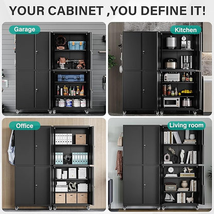 SISESOL Metal Storage Cabinet with Wheels,73" Rolling Garage Storage Cabinet with Lock,Black Metal Cabinets with Shelves and 4 Doors,Tall Tool Cabinets on Wheels for Garage,Home,Office,Shop