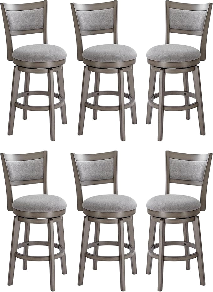 PrimeZone Swivel Bar Stools Set of 6, 26 Inch Counter Height Barstools, High Back Bar Stool with Solid Wood Legs & Wrap-Around Footrest, Counter Stools for Kitchen Island, Pub, Grey