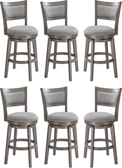 PrimeZone Swivel Bar Stools Set of 6, 26 Inch Counter Height Barstools, High Back Bar Stool with Solid Wood Legs & Wrap-Around Footrest, Counter Stools for Kitchen Island, Pub, Grey