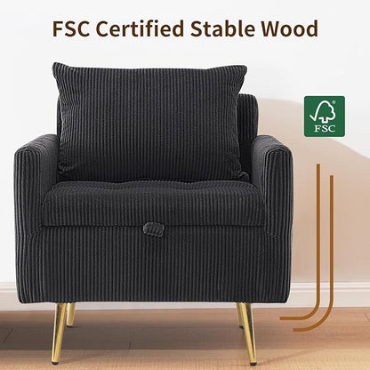 Furnimart Storage Accent Chair with Arm, Mid-Century Corduroy Sofa Chair with Removable Cushion Cover, Reading Chair for Bedroom, Living Room, Apartment, Black