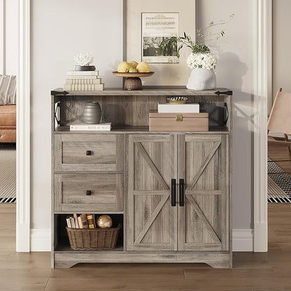 Fameill Farmhouse Storage Cabinet with Drawers and Open Storage,Freestanding Kitchen Pantry with 2 Barn Doors, Floor Cabinet with Adjustable Shelf for Living Room,Grey