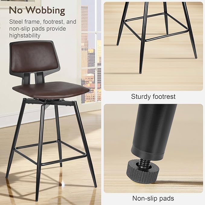 VECELO Swivel Leather Bar Stools Set of 2, Counter Height Barstools with Back, Metal Legs, 35.2-Inch Tall Barstools for Kitchen Island, Home Bar, Cafe, Brown