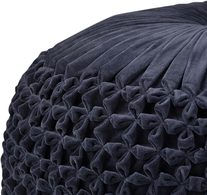 SIMPLIHOME Renee Boho Round Pouf in Navy Velvet Fabric for the Living Room, Bedroom and Kids Room