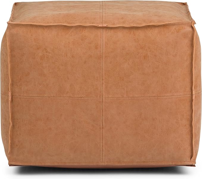 SIMPLIHOME Brody 18-inch Wide Square Pouf in Distressed Brown Vegan Faux Leather, Boho-Style Ottoman, Footstool or Extra Seating for Living Room, Assembled