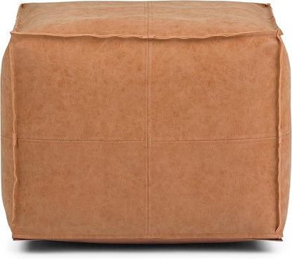 SIMPLIHOME Brody 18-inch Wide Square Pouf in Distressed Brown Vegan Faux Leather, Boho-Style Ottoman, Footstool or Extra Seating for Living Room, Assembled