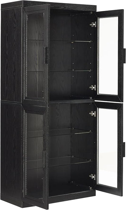 Crosley Furniture Essen Glass Door Kitchen Pantry Storage Cabinet with Doors and Shelves, Living Room, Black