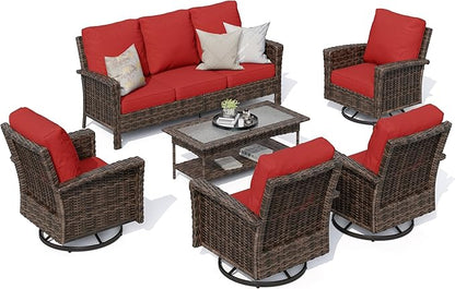 HERA'S HOUSE Red Patio Furniture Set, 35" High Back Swivel Chair with 5.5" Thick Cushions, Oversized Outdoor Wicker Conversation Set for Deck Garden Poolside Backyard Lawn