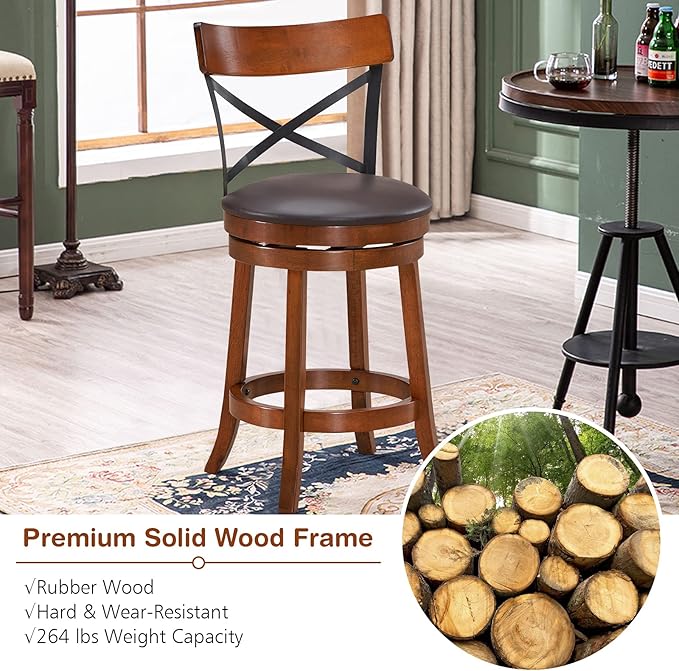 COSTWAY Bar Stool Set of 2, 360-Degree Swivel Solid Wood Stools with Soft Cushion & Backrest, 25”Height Kitchen Counter Bar Stools for Kitchen Island, Pub, and Restaurant (2, 25 inch)