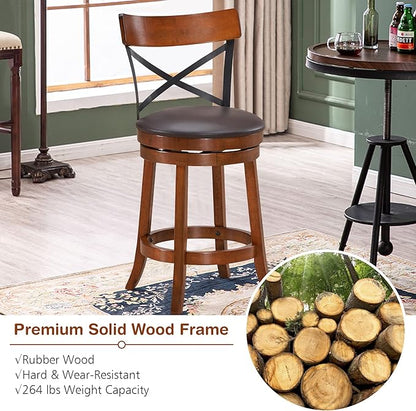 COSTWAY Bar Stool Set of 2, 360-Degree Swivel Solid Wood Stools with Soft Cushion & Backrest, 25”Height Kitchen Counter Bar Stools for Kitchen Island, Pub, and Restaurant (2, 25 inch)