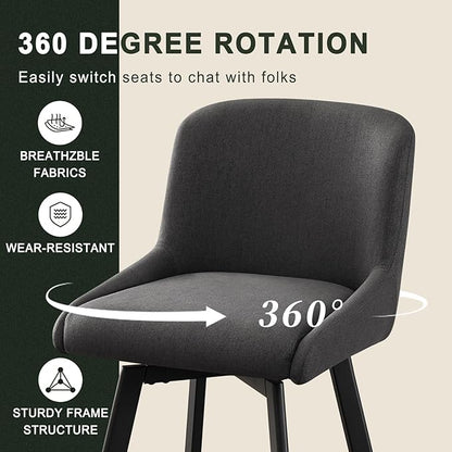 Swivel Counter Height Bar Stools Set of 3, 30''H Upholstered Barstools with Backs, Modern Bar Stool Chairs for Kitchen Island, Metal Legs, Fabric, Black Grey Stools Counter Chair