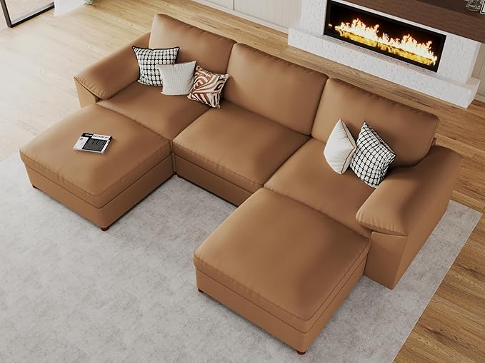EASE MOOSE Oversized Modular Sectional Sofa,Leather Sectional Couch with Deep Seat,Extra Large U Shaped Couch,Modern Comfy Scratch Resistant Faux Leather Material Sofa,Brown