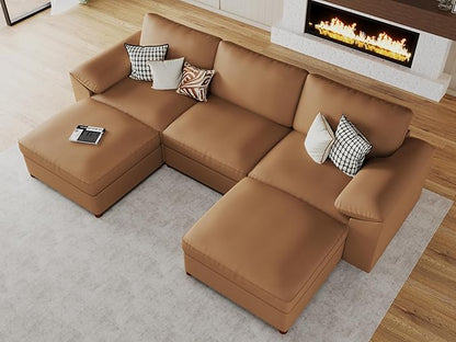 EASE MOOSE Oversized Modular Sectional Sofa,Leather Sectional Couch with Deep Seat,Extra Large U Shaped Couch,Modern Comfy Scratch Resistant Faux Leather Material Sofa,Brown