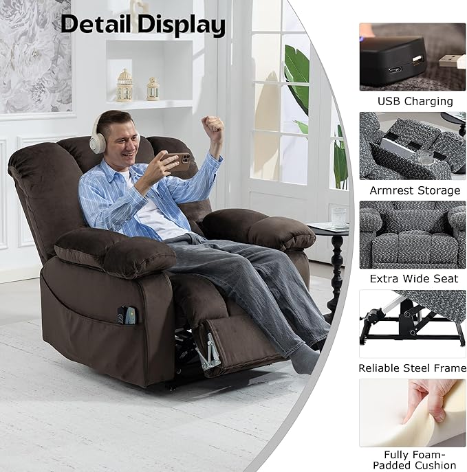 Big Man Recliner 500lbs Power Lift Recliner Chair for Big Tall Elderly Adults Oversized Lay Flat Lift Recliner with Extended Footrest,Heat Massage,Flip Arm Storage Cup Holders,USB Type C