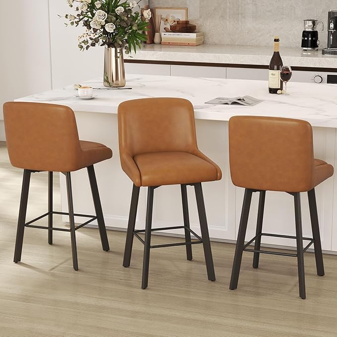 Swivel Counter Height Bar Stools Set of 4, 26''H Upholstered Barstools with Backs, Modern Bar Stool Chairs for Kitchen Island, Metal Legs, Faux Leather, Whiskey Brown Stools Counter Chair