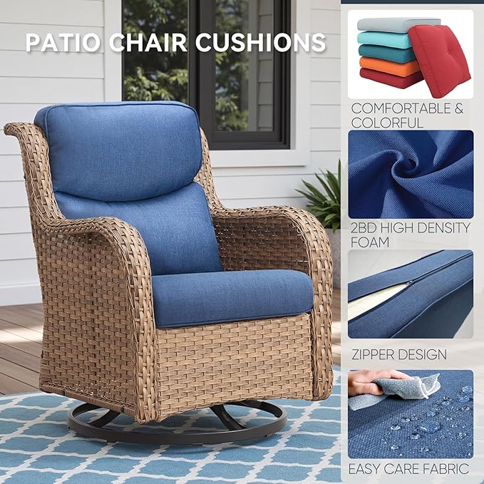 7-Piece Outdoor Patio Cushion Set - Fade & Water Resistant with Removable Olefin Cover, 22x24x4 Inch Memory Foam Cushions for Wicker Sectional Sof - Blue/Crescent