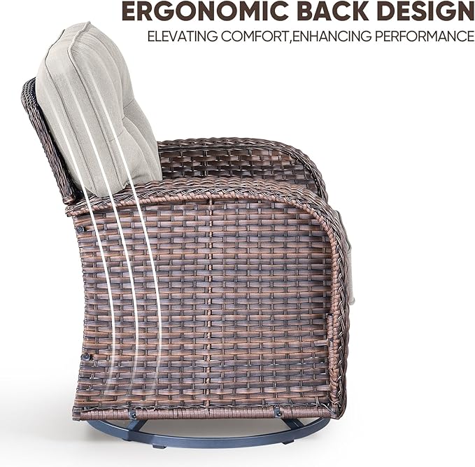 9-Piece Rotating Balcony Chair Set with 31-inch T-Shaped Wide backrest - Rattan Outdoor Rotating Balcony Chairs, Wide backrest Comfortable Outdoor Sliding Chair - Brown | Beige