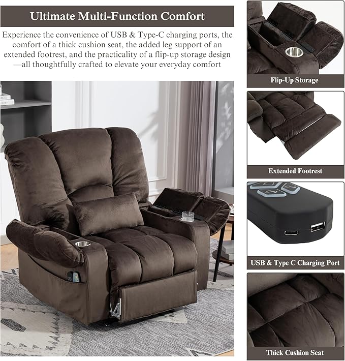 Big Man 500 lbs Power Lift Recliner for Big & Tall Elderly Adults 28 Inch Wide Seat, Lay Flat Lift Recliner Chair with Extended Footrest, Heat Massage, USB Type-C, Flip Arm Storage & Cup Holders