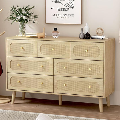 Rattan Dresser for Bedroom, 7 Drawer Rattan Dresser with Gold Handles, Boho Wood Dressers & Chest of Drawers for Bedroom