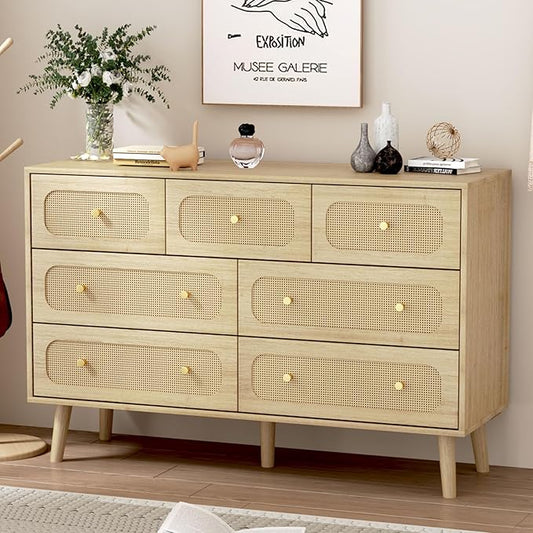 Rattan Dresser for Bedroom, 7 Drawer Rattan Dresser with Gold Handles, Boho Wood Dressers & Chest of Drawers for Bedroom