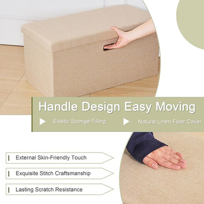 VECELO 30'' Folding Storage Ottoman Bench, End of Bed Linen Fabric Foot Rest Stool with Padded Seat, Large Footstools for Bedroom, Living Room, Load 500 lb, Khaki