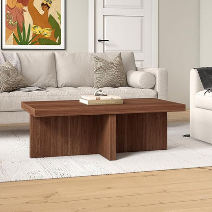 Henn&Hart 44" Rectangular Wood Pedestal Low-Profile Coffee Table for Living Room, Family Room, or Office, Satin Walnut