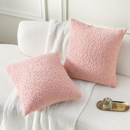FUTEI Pink Throw Pillow Covers 16x16 Inch Set of 2,Furry Faux Fur Teddy Boucle Textured Cushion Covers,Soft Fluffy Decorative Pillow Case,Home Decor for Couch Bed Living Room Office Car