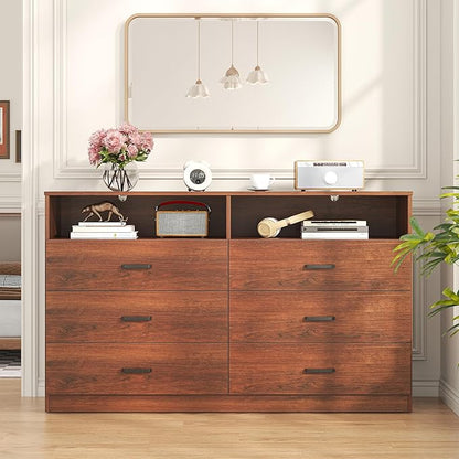Bigbiglife 6 Drawers Dresser for Bedroom Wooden Drawer with Open Storage Cubby, Double Wide Dresser Organizer for Bedroom, Living Room, Entryway, Hallway (Walnut Brown)