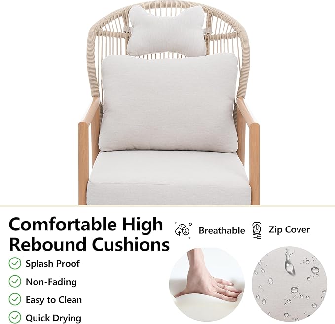 Modern Living Room Chairs, Accent Chairs Set of 2 with Coffee Table, Comfy Arm Chair with Cushions, Rattan Reading Lounge Chair with Metal Frame, Armchair for Bedrooom/Indoor/Outdoor, Beige