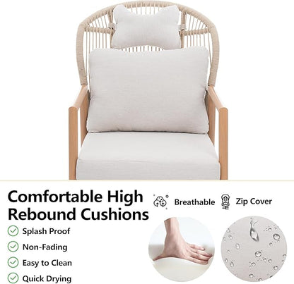 Modern Living Room Chairs, Accent Chairs Set of 2 with Coffee Table, Comfy Arm Chair with Cushions, Rattan Reading Lounge Chair with Metal Frame, Armchair for Bedrooom/Indoor/Outdoor, Beige